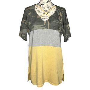 First Love (M) Camouflage Striped Colorblock Cross Front Short Sleeve Tee